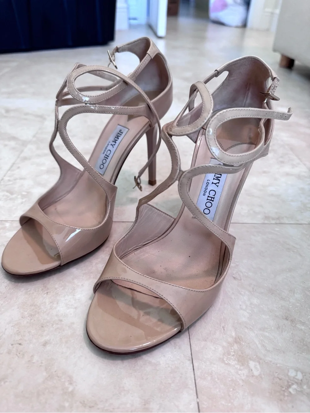 Jimmy Choo Beige Patent Leather Strappy Heels